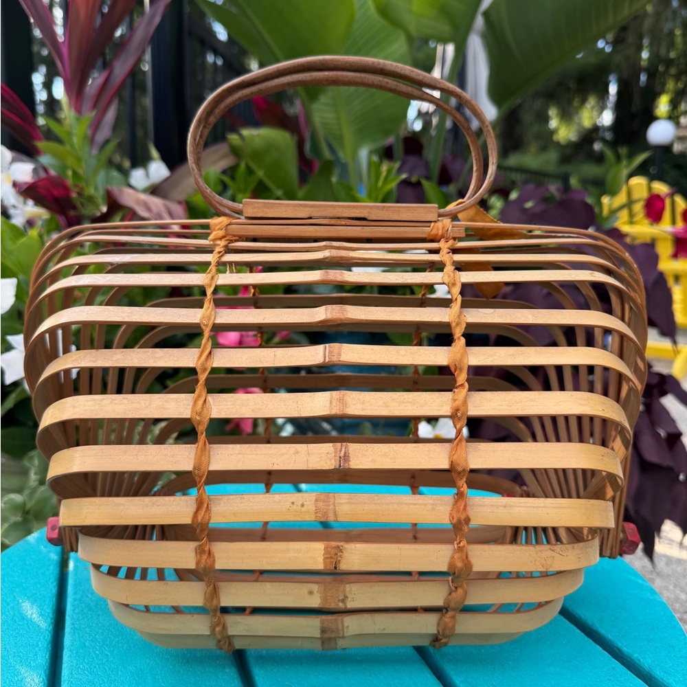 Vintage 1960’s bamboo large folding purse tote basket EVC - Picture 3 of 15